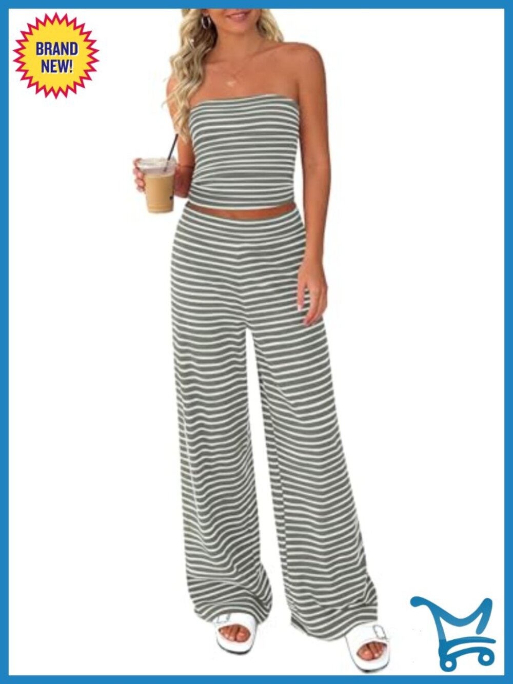 Two Piece Striped Set with Tube Top and Wide Leg Pants